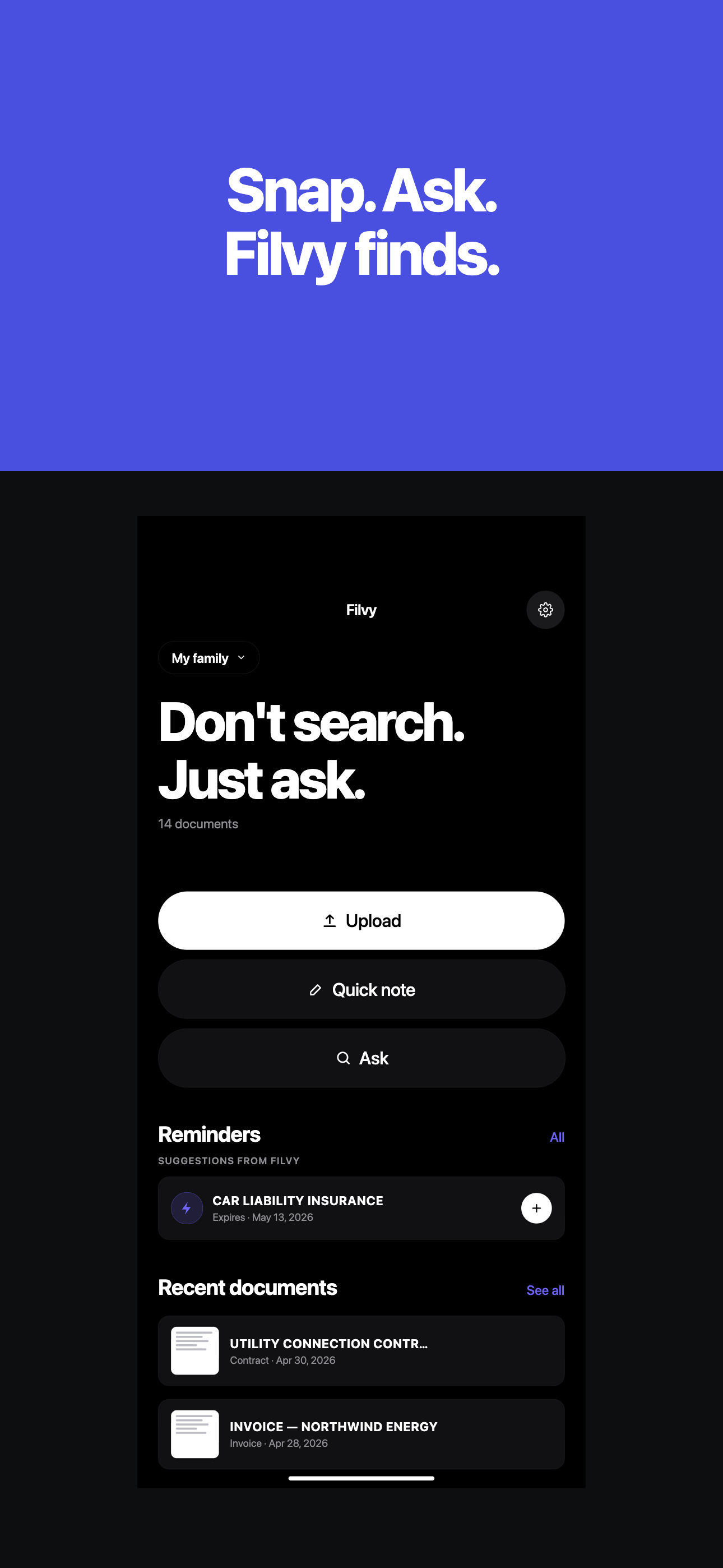 Filvy home screen with vault and Upload, Note, Ask buttons.